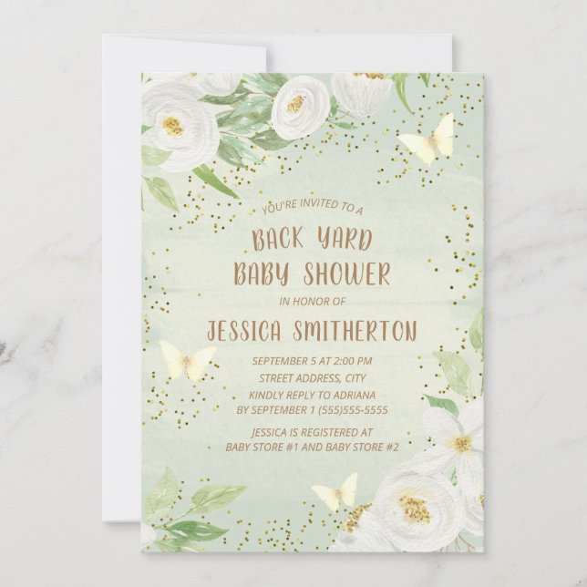 Söta vita blommor Grön bakgård Baby Shower Inbjudningar (Framsida)