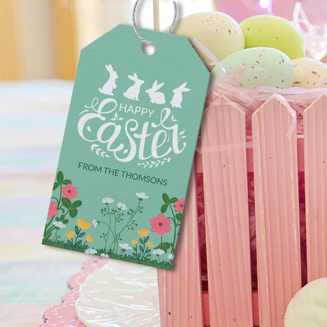 Söta Vita Gröna Vårens Vilda Blommor Glad Påsk Presentetikett (Skapare uppladdad)