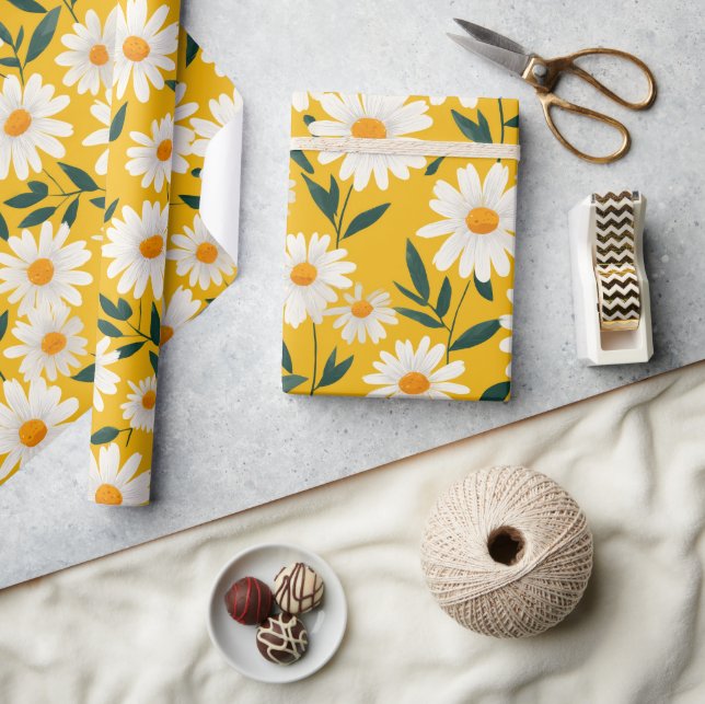Söta vita gula tusenskönor Blommig konstnärlig mön Presentpapper (Hantverk)