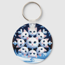 Söta vita kattansikten arrangerade i en snöflinga nyckelring