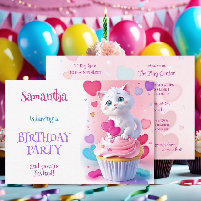Söta vita kattungar och cupcakes födelsedagsfest inbjudningar (Skapare uppladdad)