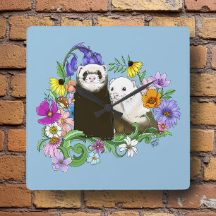 Söta Whimsical Blå Söta Blommiga Illrar Par Fyrkantig Klocka