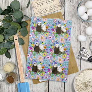 Söta Whimsical Blå Söta Blommiga Illrar Par Kökshandduk