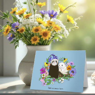 Söta Whimsical Blå Söta Blommiga Illrar Par Kort