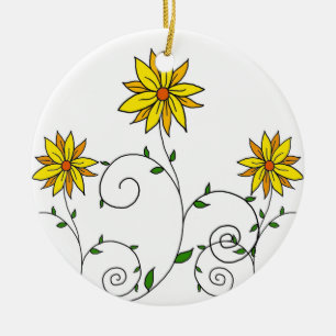 Söta Whimsical Gula Blommor Doodle Konst Julgransprydnad Keramik