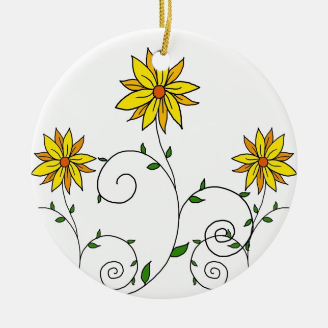 Söta Whimsical Gula Blommor Doodle Konst Julgransprydnad Keramik (Framsidan)