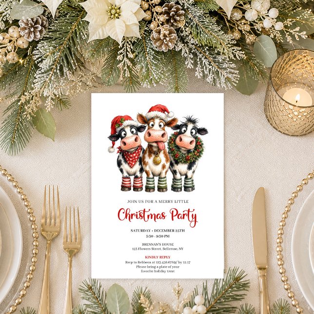 Söta Whimsical Kor Vattenfärg Julfest  Inbjudningar (Sweet Whimsical Cows Watercolor Christmas Party Invite

)