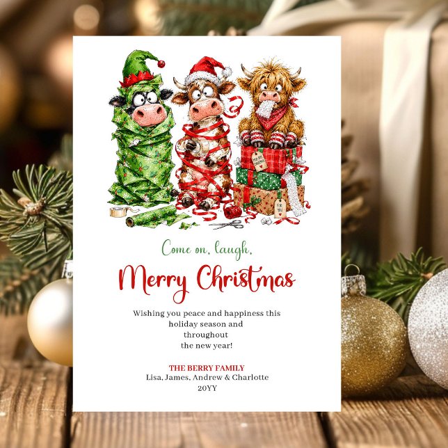 Söta Whimsical Kor Vattenfärg Julhälsning Julkort (Sweet Whimsical Cows Watercolor Christmas Greeting Card

)
