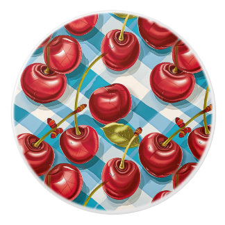 Söta Whimsical Retro Mid-Century Körsbär & Plaid Knopp