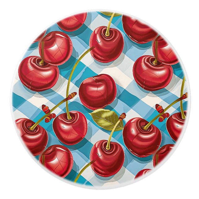 Söta Whimsical Retro Mid-Century Körsbär & Plaid Knopp (Framsidan)