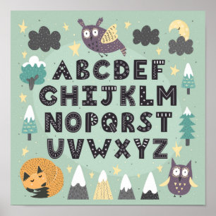 Söta Whimsical Skogs Djur ABC Alfabetet Poster
