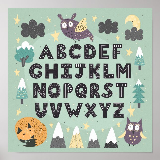 Söta Whimsical Skogs Djur ABC Alfabetet Poster (Framsidan)