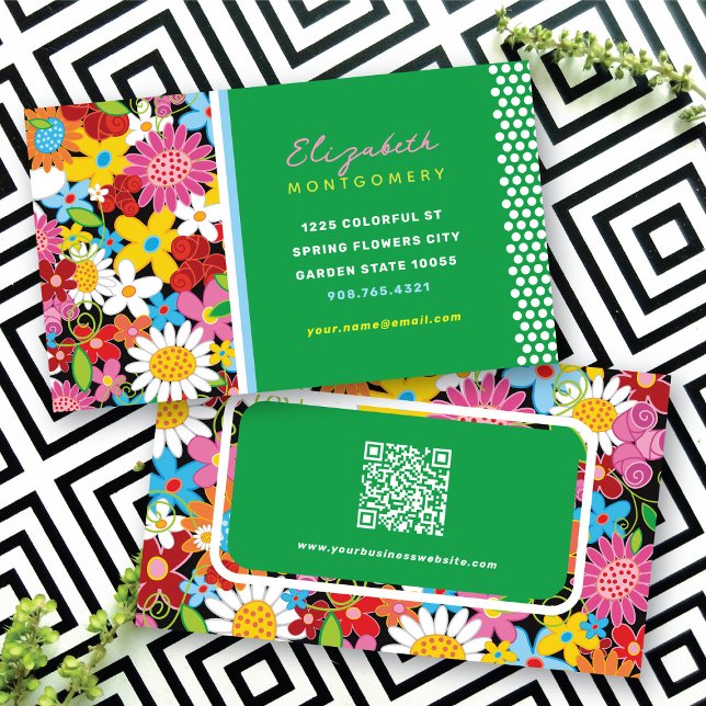 Söta Whimsical Vårblommor Färgrik Trädgård Visitkort (Sweet Whimsical Colorful Spring Flowers Garden Business / Profile Card @ fat_fa_tin)