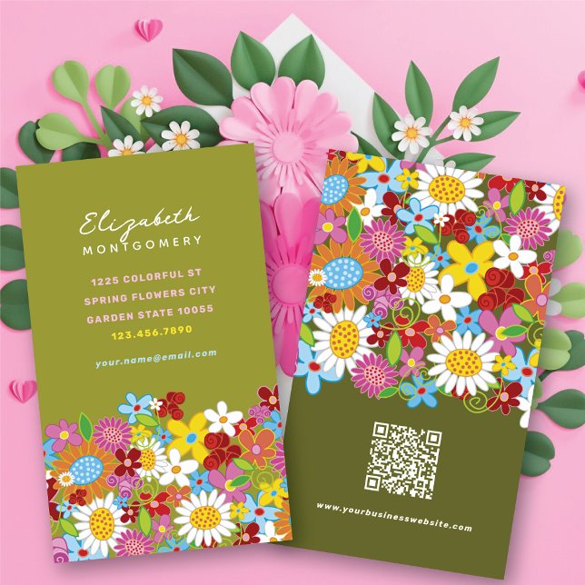 Söta Whimsical Vårblommor Färgrik Trädgård Visitkort (Sweet & Chic Whimsical Spring Flowers Colorful Garden Business / Profile Card @ fat_fa_tin)
