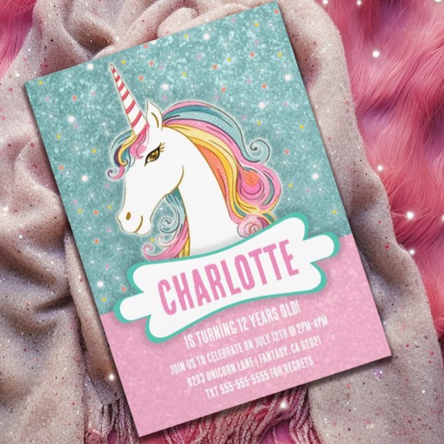 Sötad Rosa och Födelsedagsfest för Blue Unicorn Inbjudningar (Skapare uppladdad)