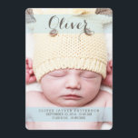 Sötaste Dream Two Photo Modern Birth-meddelande Meddelande<br><div class="desc">Den här designen är ett perfekt sätt att introducera din söta lilla pojke. Har underbar kursiv typografi, mjuka halvgenomskinliga blå band av färg och två stora foton av baby - ett på framsidan och ett på baksidan. På framsidan finns också information om baby födelse, och på baksidan finns ett speciellt...</div>