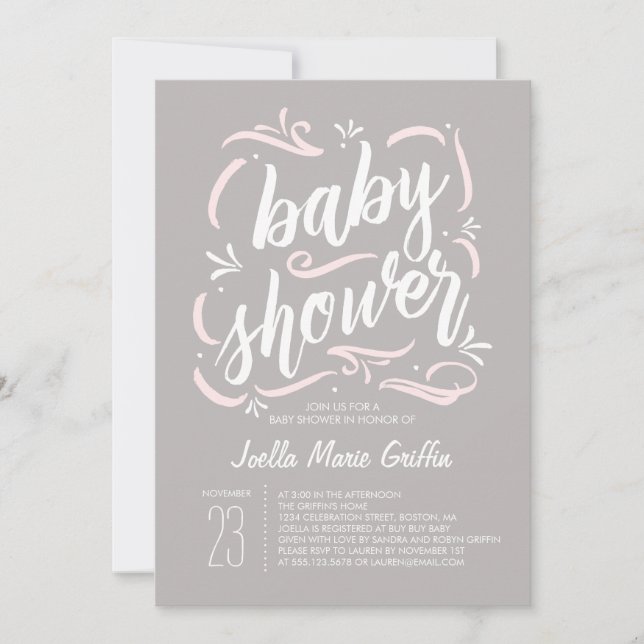 Sötaste grå och rosa baby shower inbjudan (Framsida)