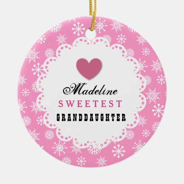 Sötaste Granddotters Rosa White Snöflingor C14 Julgransprydnad Keramik (Framsidan)