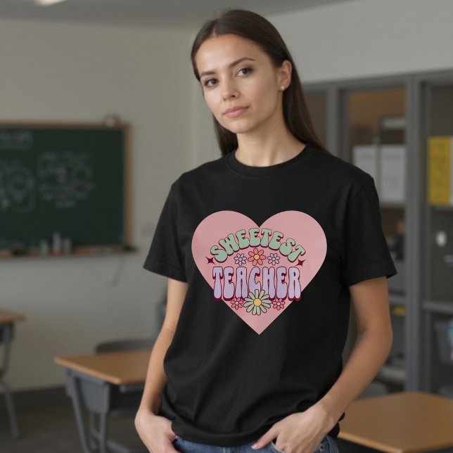 Sötaste lärare Retro Flower Valentine Heart T Shirt (Sweetest Teacher Retro Flower Valentine Heart T-Shirt)