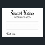 Sötaste Önskemål för det nya Mr. och Mrs Advice Ca Bordsnummer<br><div class="desc">En del av Sweetest Önskemål Collection. De här charmerande råden och önskemål-korten kommer att vara perfekten som tillägg till ditt bröllop. Texten "Sweetest Önskemål for the new Mr and Mrs" är skriven med ett snävt och blockerat teckensnitt. Kortet har plats för gästerna för att lämna deras goda önskemål och deras...</div>