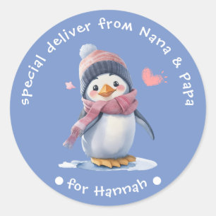 Sötblå Baby Penguin-juletikett för barn Runt Klistermärke