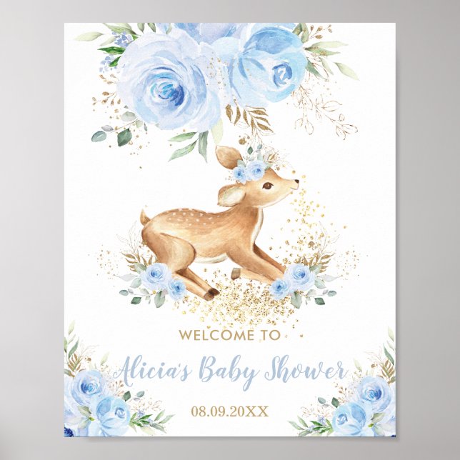 Sötblå Blommigt Baby Hjort Fawn Boy Shower Poster (Framsidan)