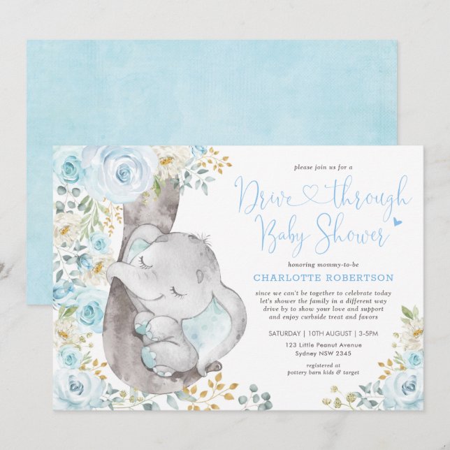 Sötblå Blommigt Elefantenhet med babyskor Inbjudningar (Fram/baksida)