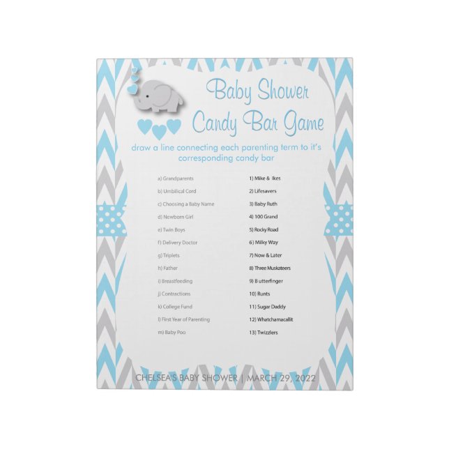 Sötblå och Grått Elephant Baby Shower - Game 2 Anteckningsblock (Roterad)