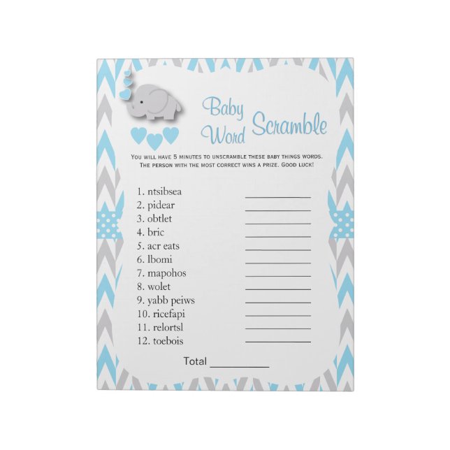 Sötblå och Grått Elephant Baby Shower Ord Game 2 Anteckningsblock (Roterad)