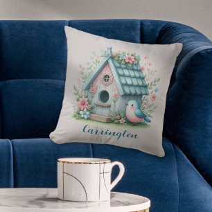 Sötblå och Rosa Birdhouse-Personlig Kudde