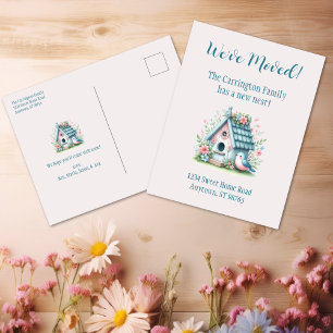 Sötblå och Rosa Birdhouse "Vi har flyttat" Vykort