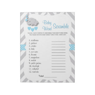 Sötblått och Grått Elephant Baby Shower Ord Anteckningsblock