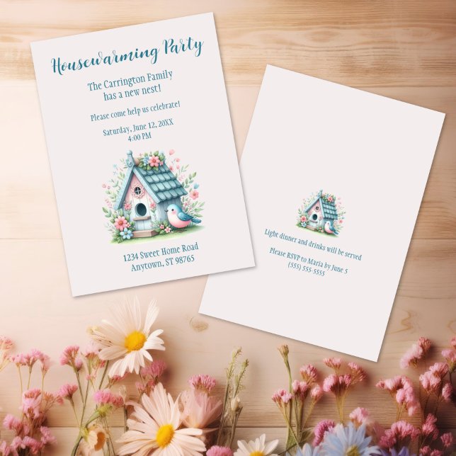 Sötblått och Rosa Birdhouse Houseuppvärmning Party Inbjudningar (Sweet Blue and Pink Birdhouse Housewarming Party Invitation)