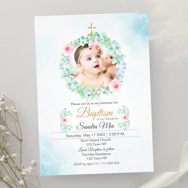 Sötblått och Rosa Blommigt Baptism-inbjudan Inbjudningar (Sweet Blue and Pink Floral Baptism Invitation)