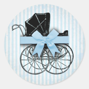 Sötblått Vintage Baby Carriage Pram and Bow Runt Klistermärke