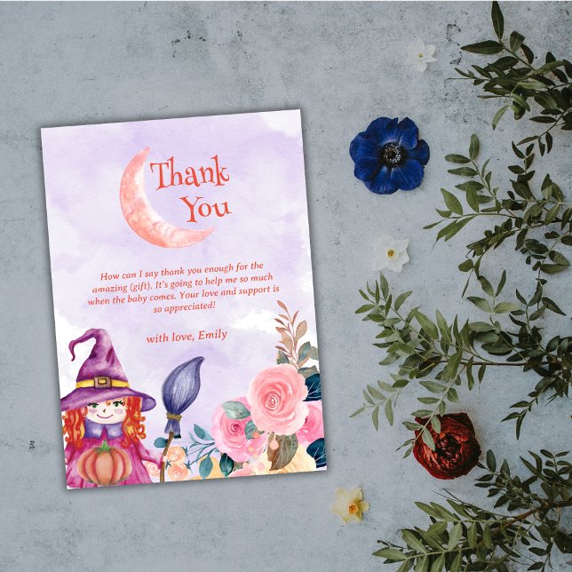 Sötblommig babystövel tack kort (Sweet Flower Pumpkin Witch Baby Shower Thank You Card)