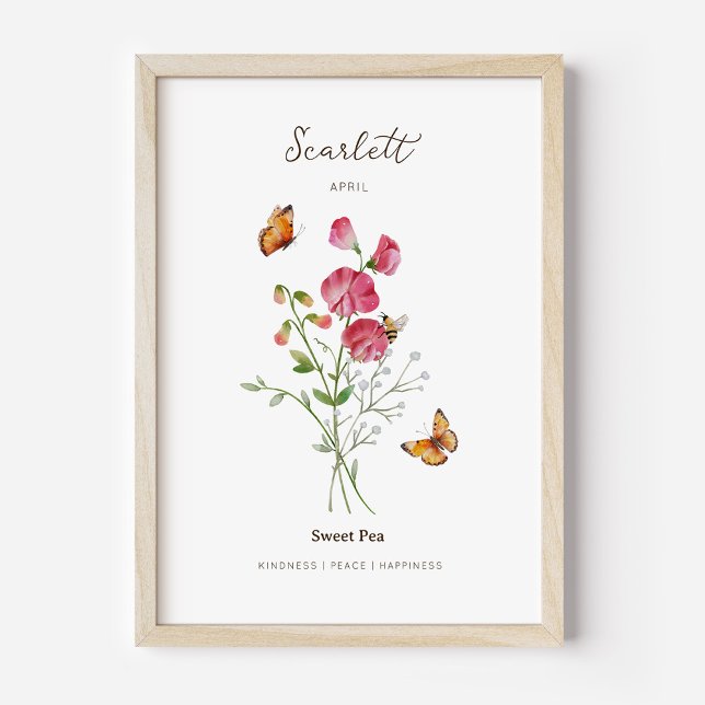 Sötblommig födelsemånad blomma Affisch (Example of sweet pea birth flower poster once framed. )