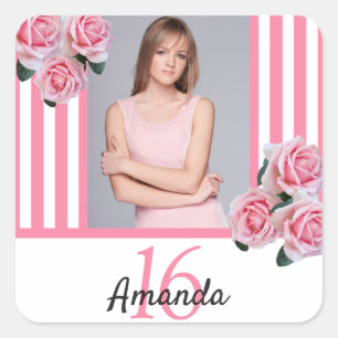 Sötblommor 16 rosa rand elegant fyrkantigt klistermärke