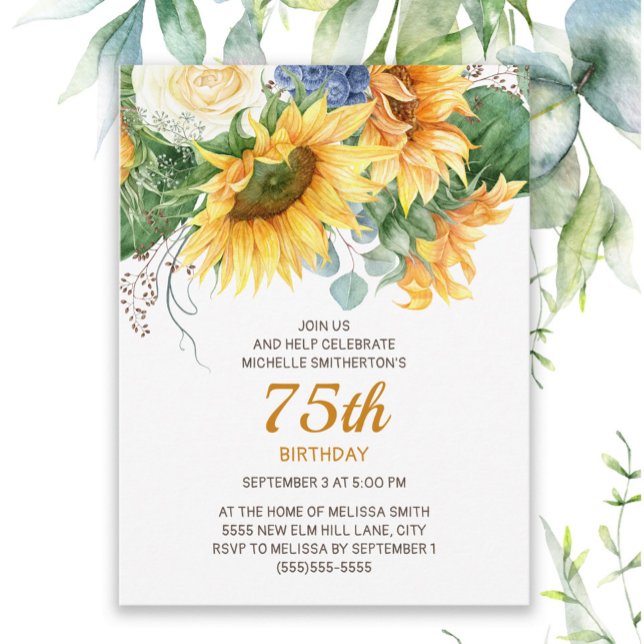 Sötblommor Eucalyptus 75:e födelsedag Vykort (Sunflowers and eucalyptus women's 75th birthday invitation)