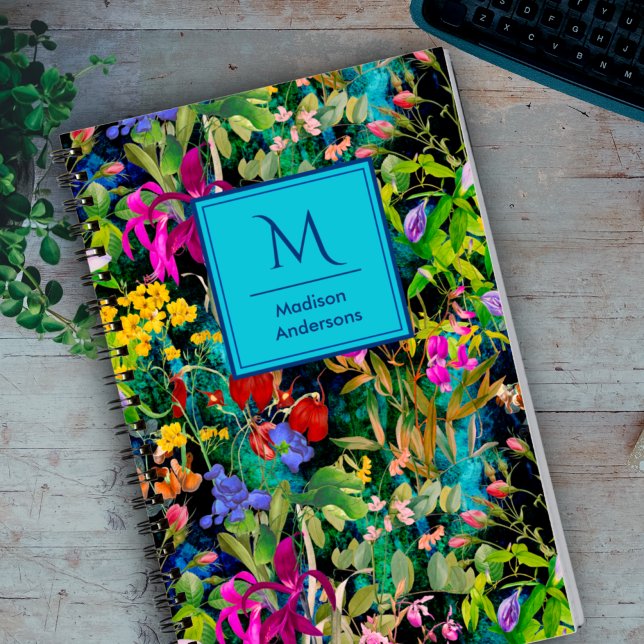 Sötblommor lämnar färgstarka monogram mönster anteckningsbok (Skapare uppladdad)
