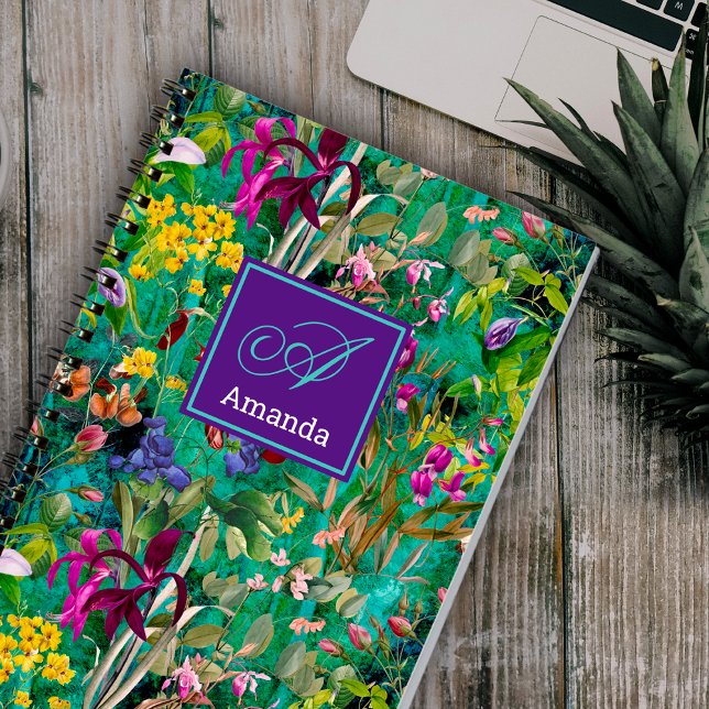 Sötblommor lämnar turkos monogram mönster anteckningsbok (Skapare uppladdad)