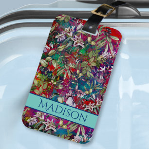 Sötblommor löv röd monogram blommönster bagagebricka