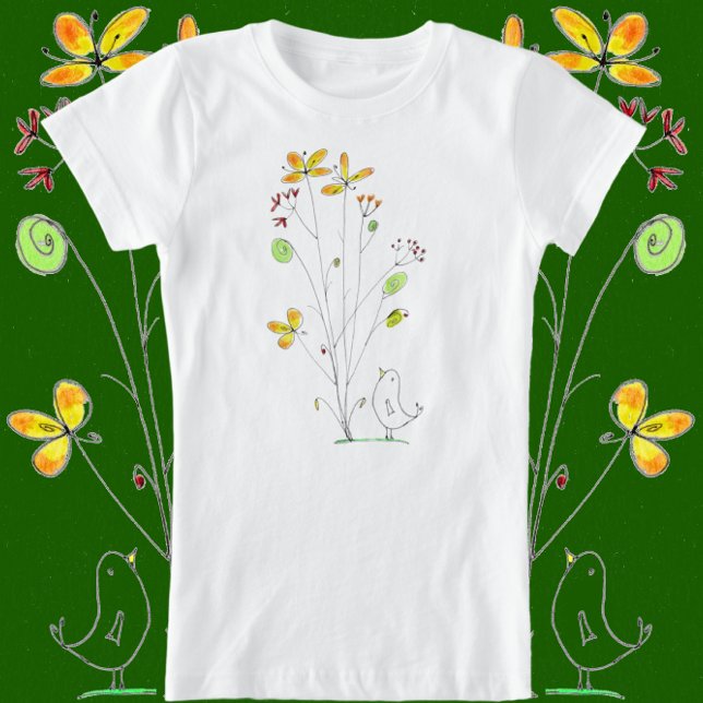 Sötblommor och fåglarfärg och Bläck design T Shirt (Skapare uppladdad)