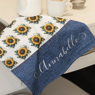 Sötblommor och faux Denim Finare Monogram Kökshandduk