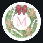 Sötbröd Polkagrisar Julfrand Runt Klistermärke<br><div class="desc">En helgdagar dekal med utrymme för ett enda brev monogram inuti andedräkten. Vattenfärgen inslag (andedräkt,  polkagrisar,  pepparkaksgubbe och båge) målades ursprungligen av mig i vattenfärger på 100% bomull pappert innan den skannades och arrangerades/formaterades digitalt.</div>