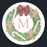 Sötbröd Polkagrisar Julfrand Runt Klistermärke<br><div class="desc">En helgdagar dekal med utrymme för ett enda brev monogram inuti andedräkten. Vattenfärgen inslag (andedräkt,  polkagrisar,  pepparkaksgubbe och båge) målades ursprungligen av mig i vattenfärger på 100% bomull pappert innan den skannades och arrangerades/formaterades digitalt.</div>