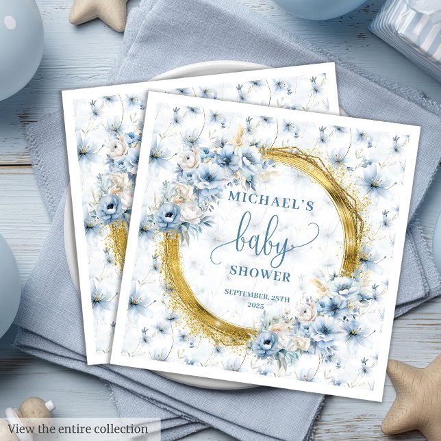 Sötdammig babydusch i blåa blommor guld pappersservett (Sweet dusty blue flowers gold boy baby shower Paper Dinner Napkins)