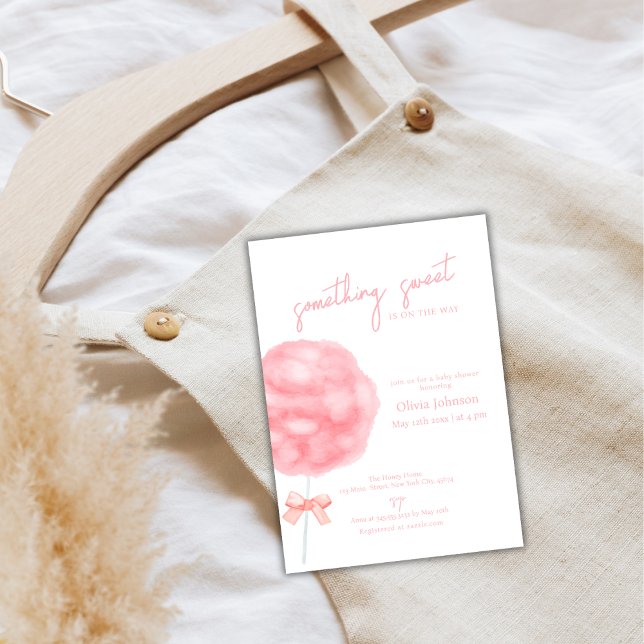 Sötfärgad babykläder av bomull Kandy Babykläder Inbjudningar (Watercolor Sweet Bow Cotton Candy Baby Shower Invitation)