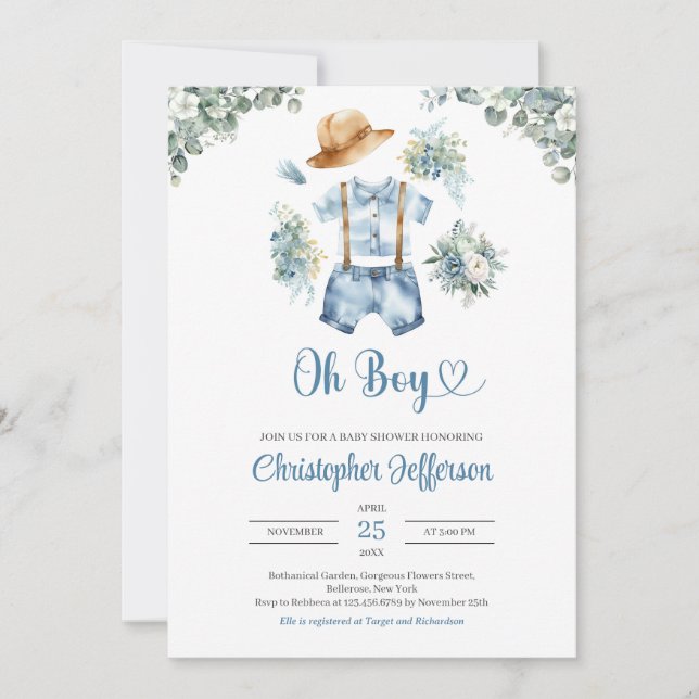 Sötfärgsblått och grönt eucalyptus-pojkkläder inbjudningar (Framsida)