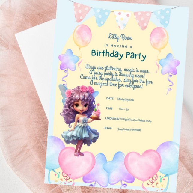 Sötfet Födelsedagsfest inbjudan för flickor (Fairy First Birthday Invitation)
